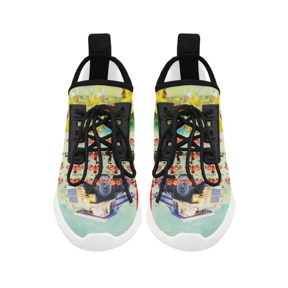 Men's ultra light running shoes with all over print design, featuring a bouncy sole and padded outsole for comfort.