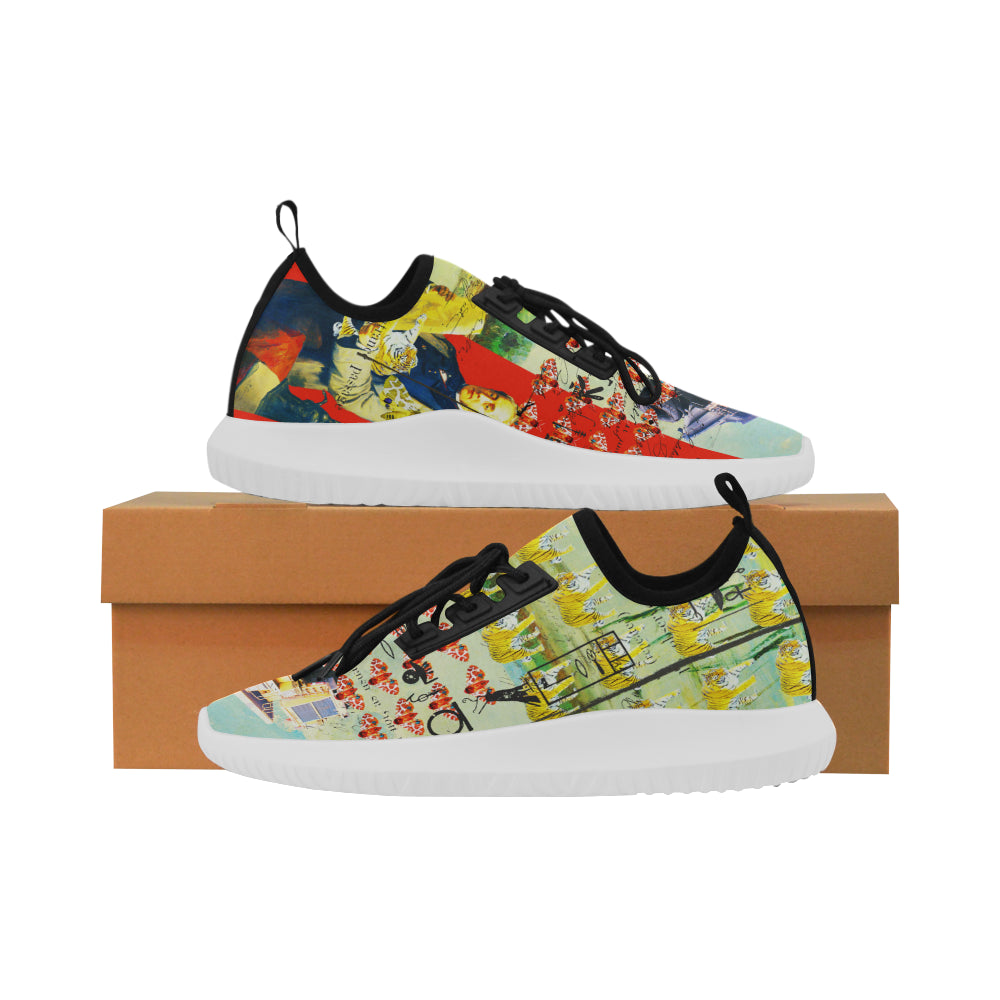 Men's ultra light running shoes with all over print design, featuring a bouncy sole and padded outsole for comfort.