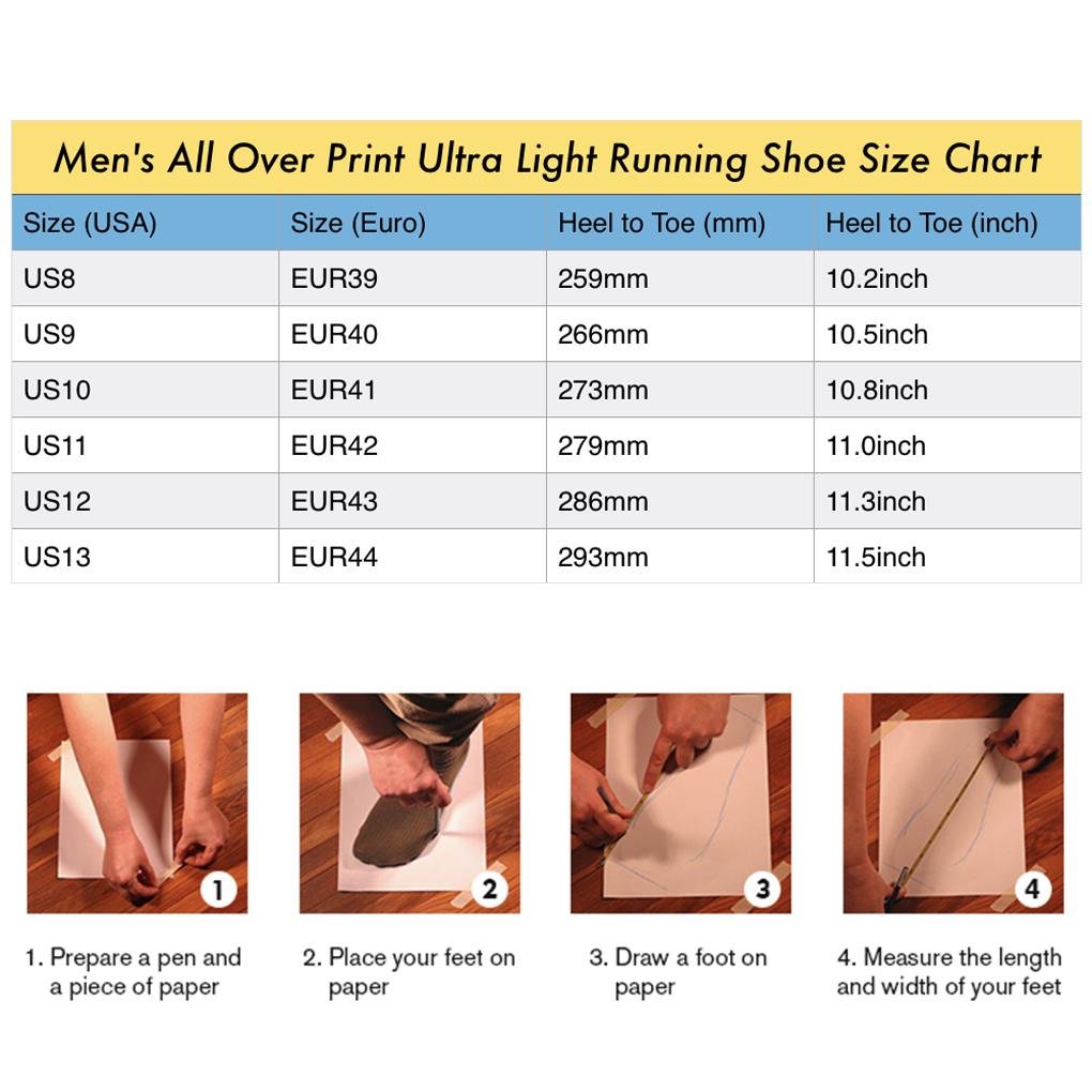 Men's ultra light running shoes with all over print design, featuring a bouncy sole and padded outsole for comfort.