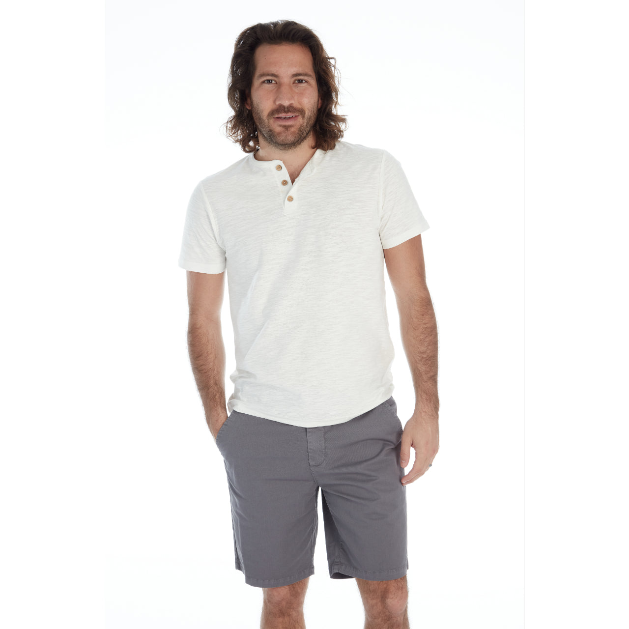 Adan Twill Shorts in Ash Grey with four pockets and a 9-inch inseam, made from a cotton-spandex blend.