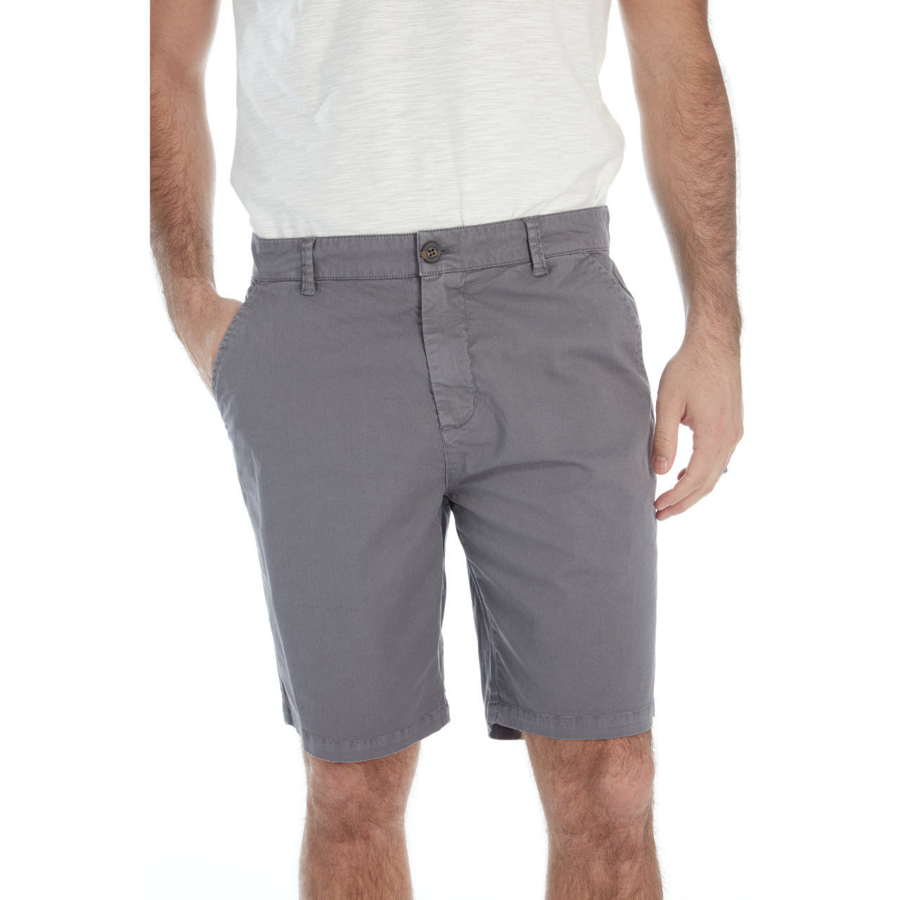 Adan Twill Shorts in Ash Grey with four pockets and a 9-inch inseam, made from a cotton-spandex blend.