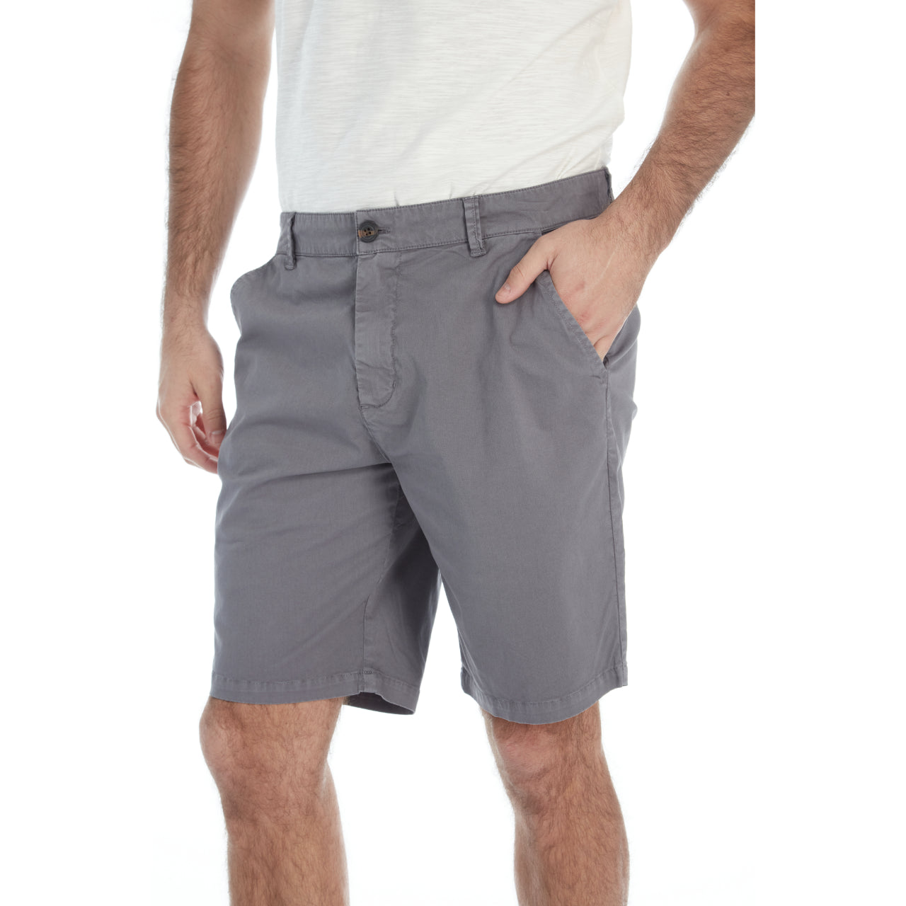Adan Twill Shorts in Ash Grey with four pockets and a 9-inch inseam, made from a cotton-spandex blend.