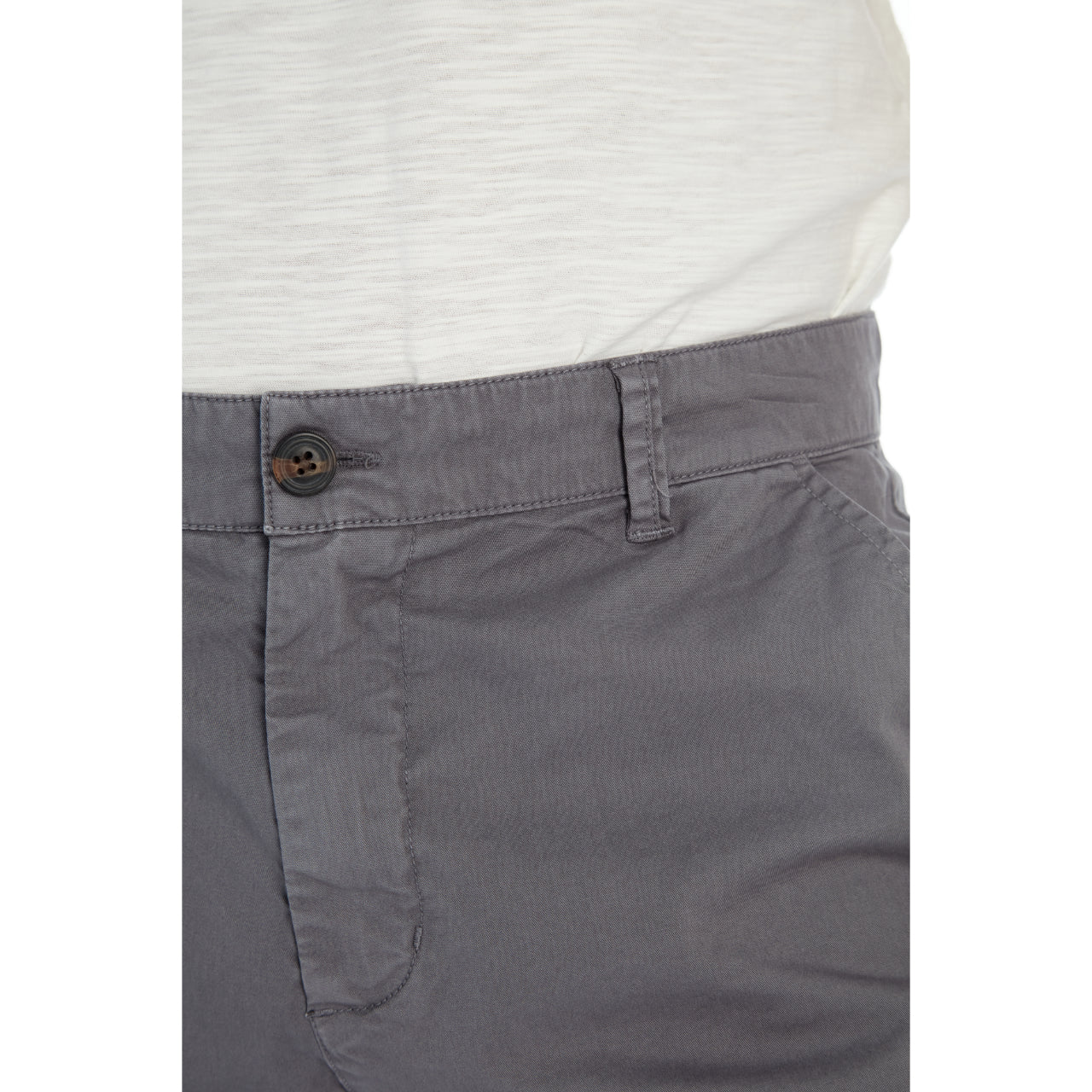 Adan Twill Shorts in Ash Grey with four pockets and a 9-inch inseam, made from a cotton-spandex blend.