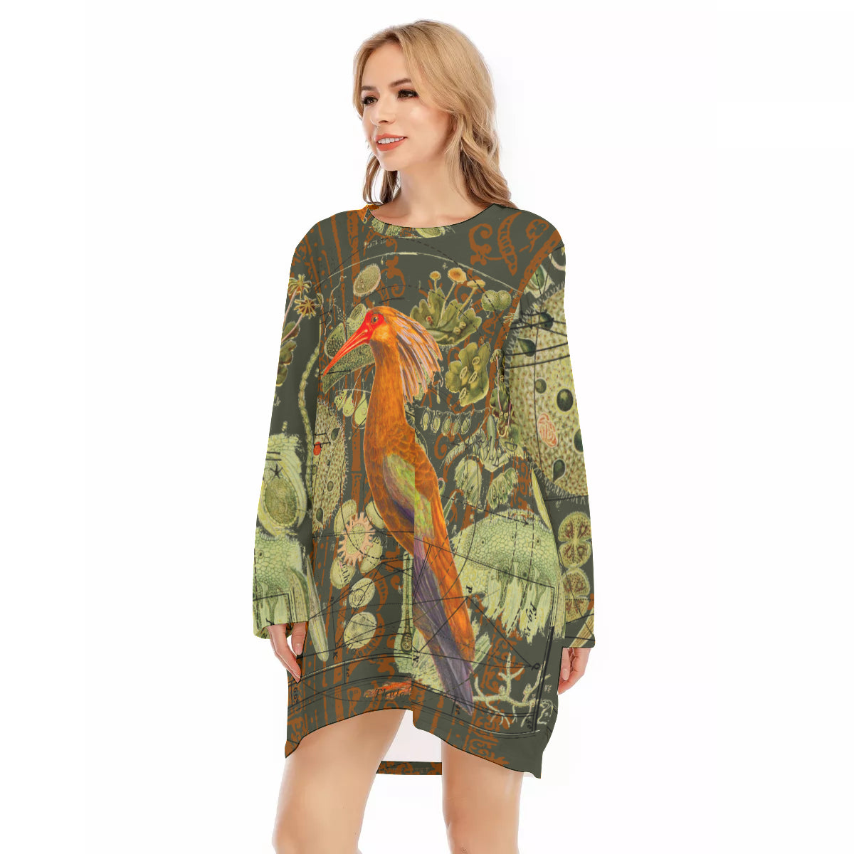 All-Over Print Women's Loose Crew Neck Dress made of 100% cotton, featuring a casual design with short sleeves and a crew neck.