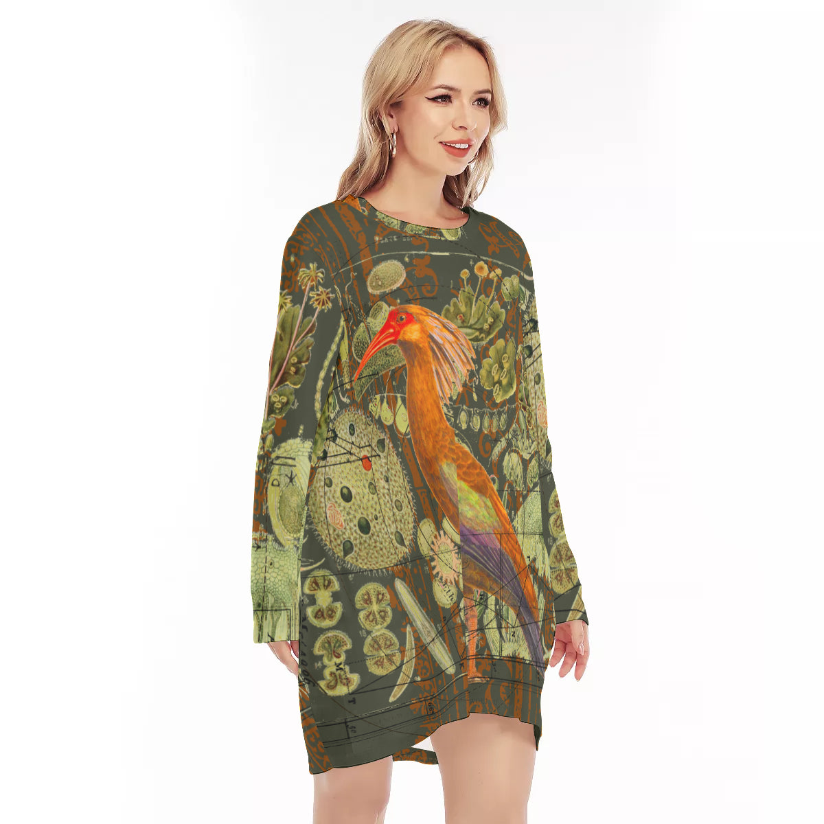 All-Over Print Women's Loose Crew Neck Dress made of 100% cotton, featuring a casual design with short sleeves and a crew neck.