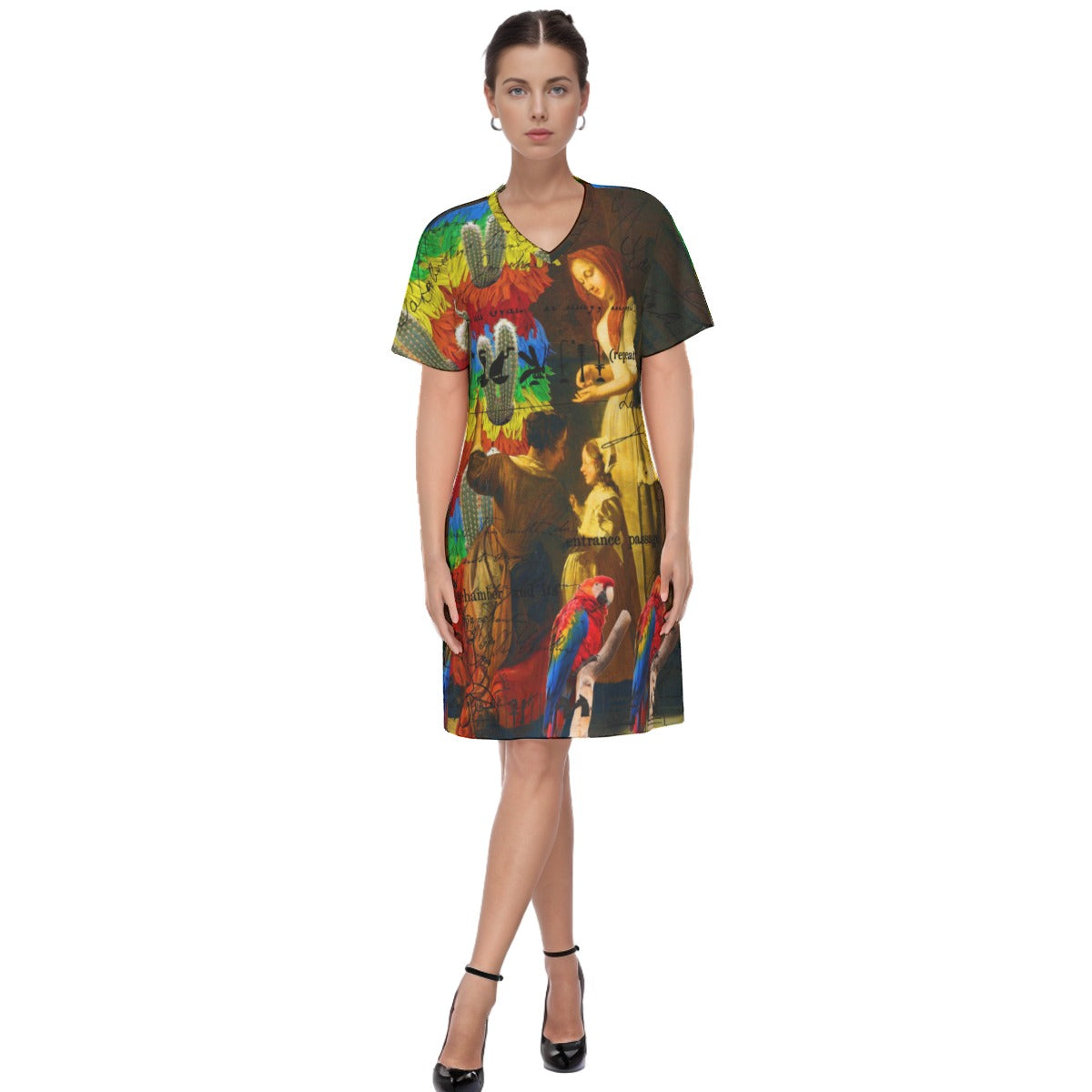 Rainbow Brush Cactus V Neck Tee Dress featuring a colorful cactus print on a knee-length cotton dress.