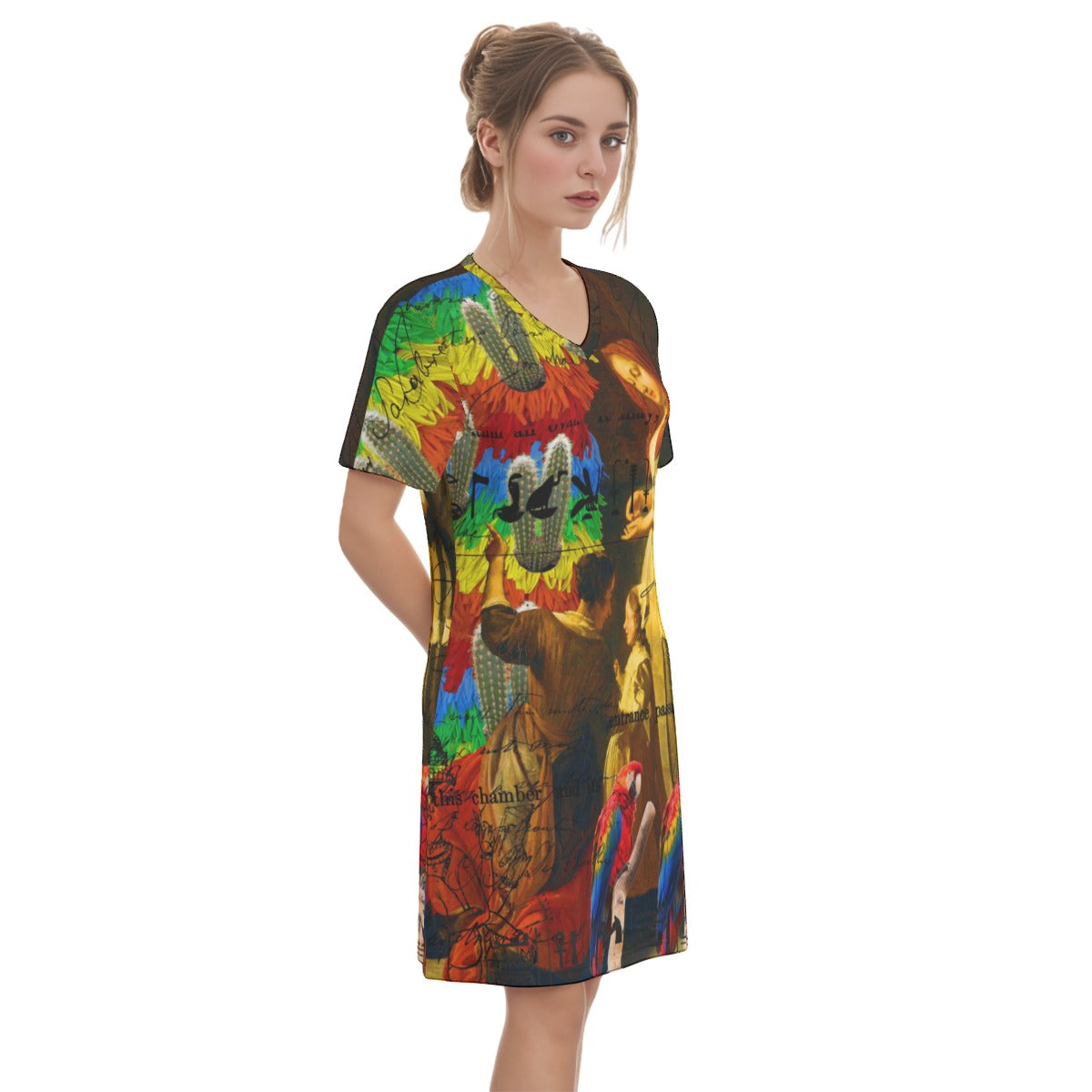 Rainbow Brush Cactus V Neck Tee Dress featuring a colorful cactus print on a knee-length cotton dress.