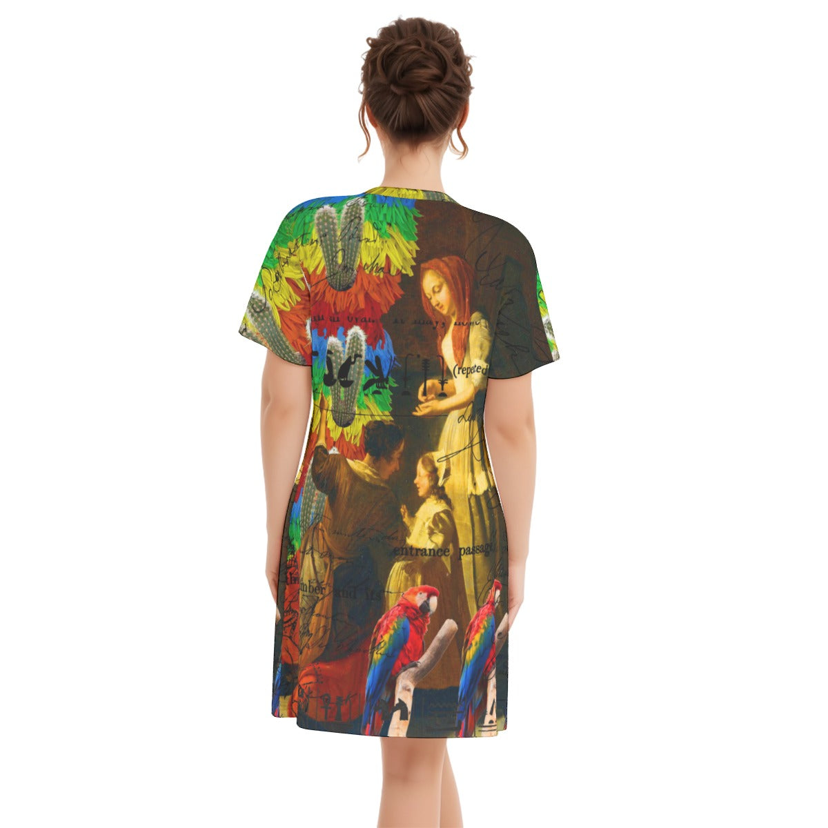 Rainbow Brush Cactus V Neck Tee Dress featuring a colorful cactus print on a knee-length cotton dress.
