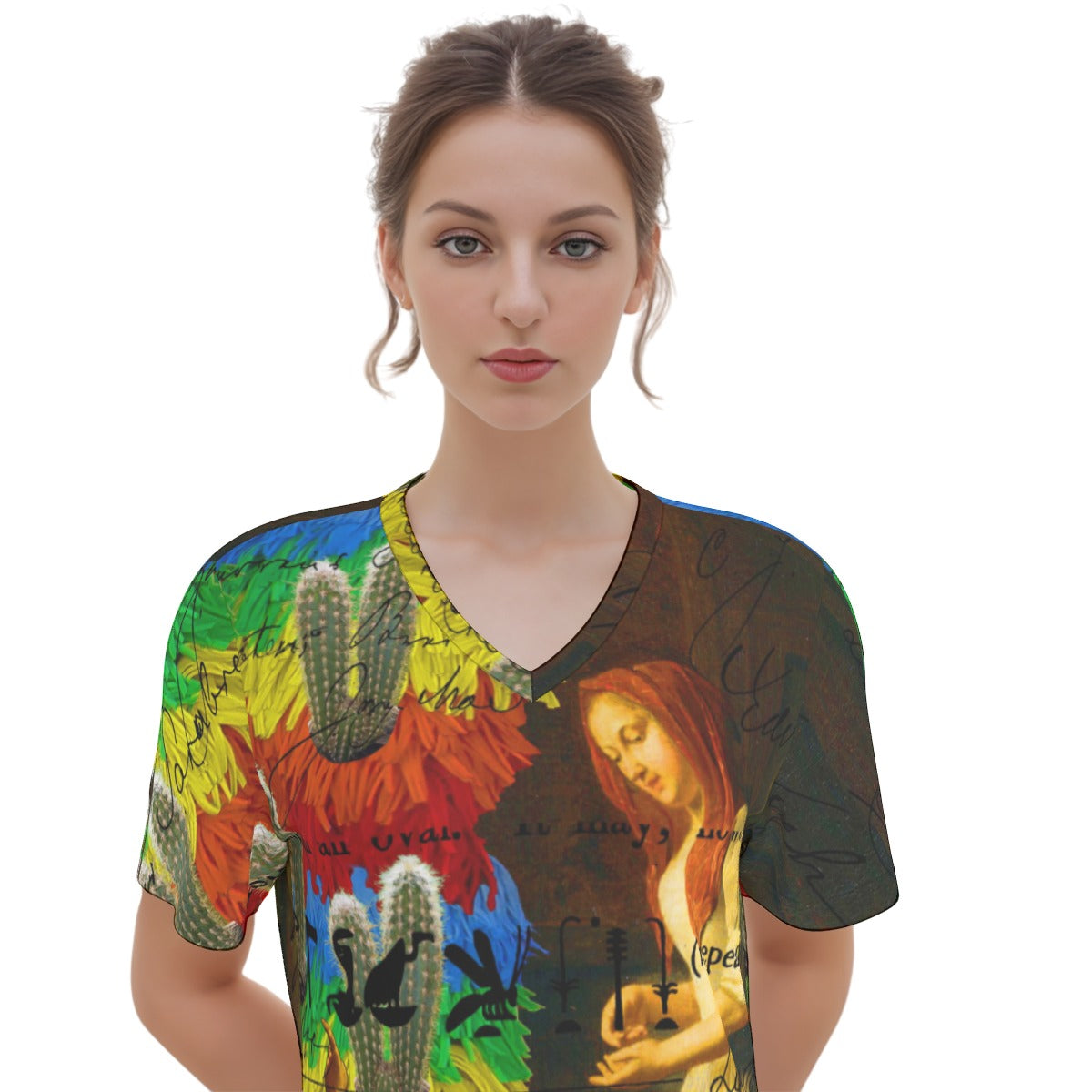 Rainbow Brush Cactus V Neck Tee Dress featuring a colorful cactus print on a knee-length cotton dress.