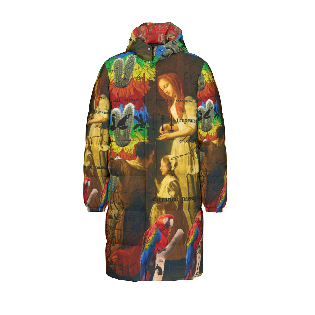 Rainbow Brush Cactus puffer jacket with vibrant all-over print design, showcasing its stylish and functional features.