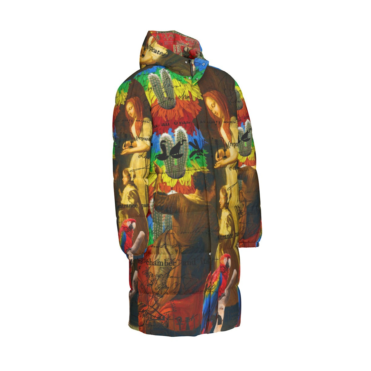 Rainbow Brush Cactus puffer jacket with vibrant all-over print design, showcasing its stylish and functional features.