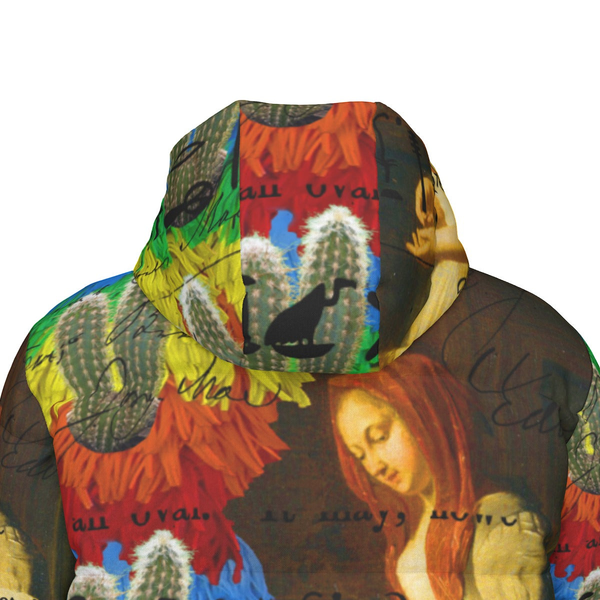 Rainbow Brush Cactus puffer jacket with vibrant all-over print design, showcasing its stylish and functional features.