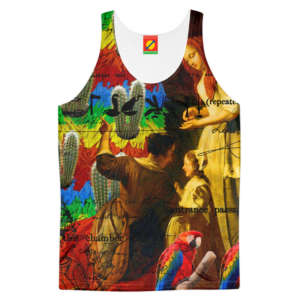 Men's all over print tank top featuring a vibrant rainbow brush cactus design, perfect for summer wear.