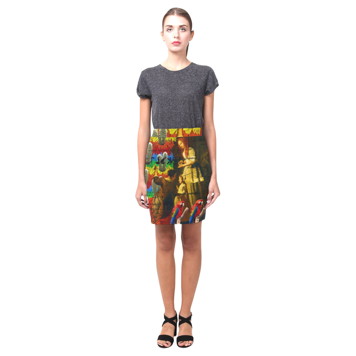 A vibrant all-over printed skirt featuring the Rainbow Brush Cactus design, showcasing a colorful and stylish pattern.