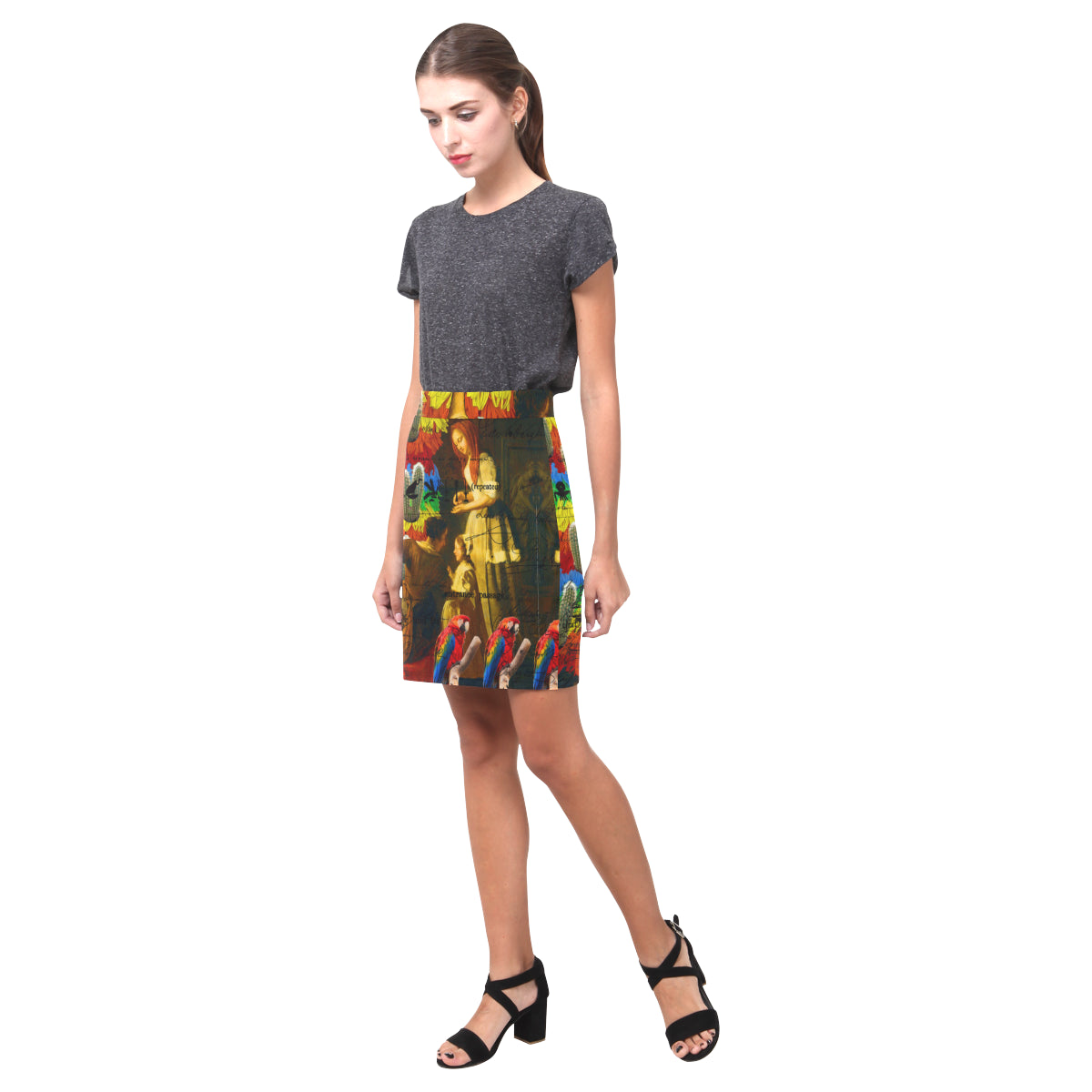 A vibrant all-over printed skirt featuring the Rainbow Brush Cactus design, showcasing a colorful and stylish pattern.