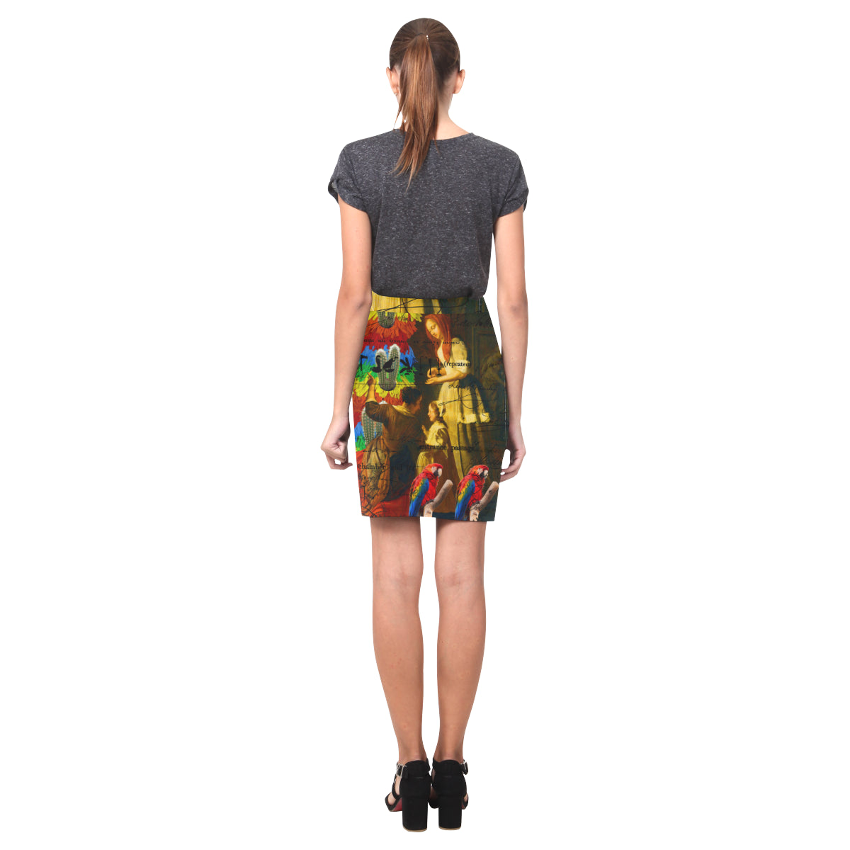 A vibrant all-over printed skirt featuring the Rainbow Brush Cactus design, showcasing a colorful and stylish pattern.