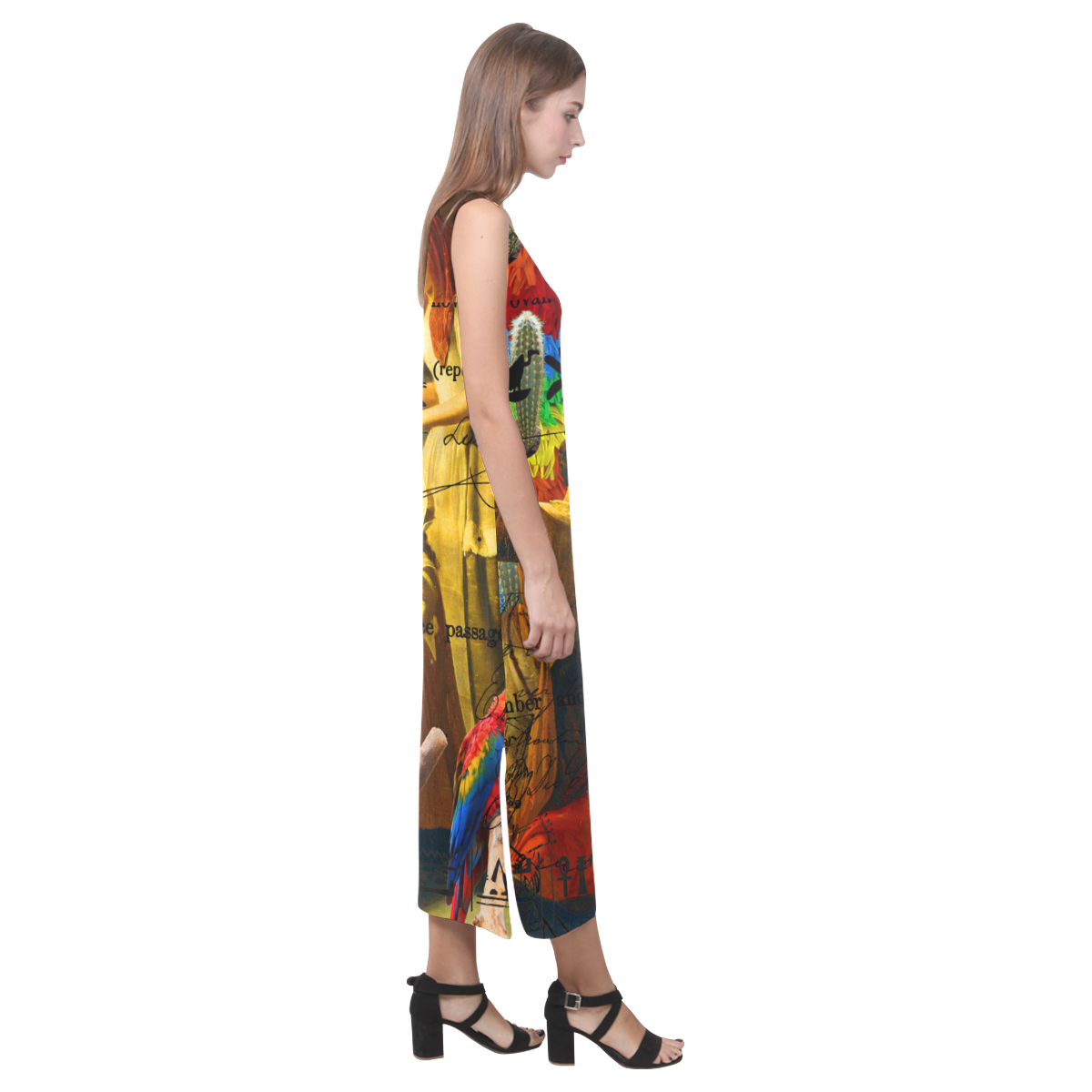A vibrant sleeveless dress featuring a colorful brush cactus design, showcasing vivid colors and a classic fit, perfect for any occasion.