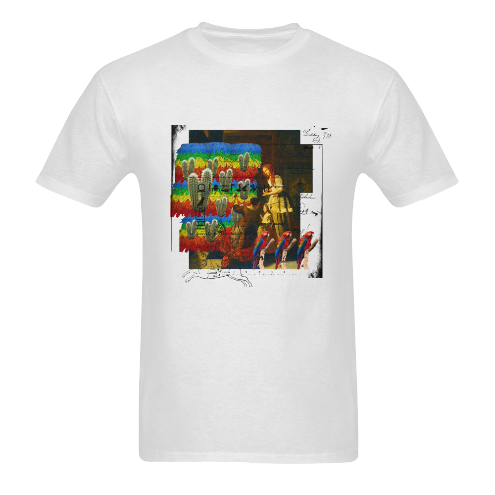 A vibrant men's printed cotton T-shirt featuring artistic collages in a stylish design, perfect for casual wear.