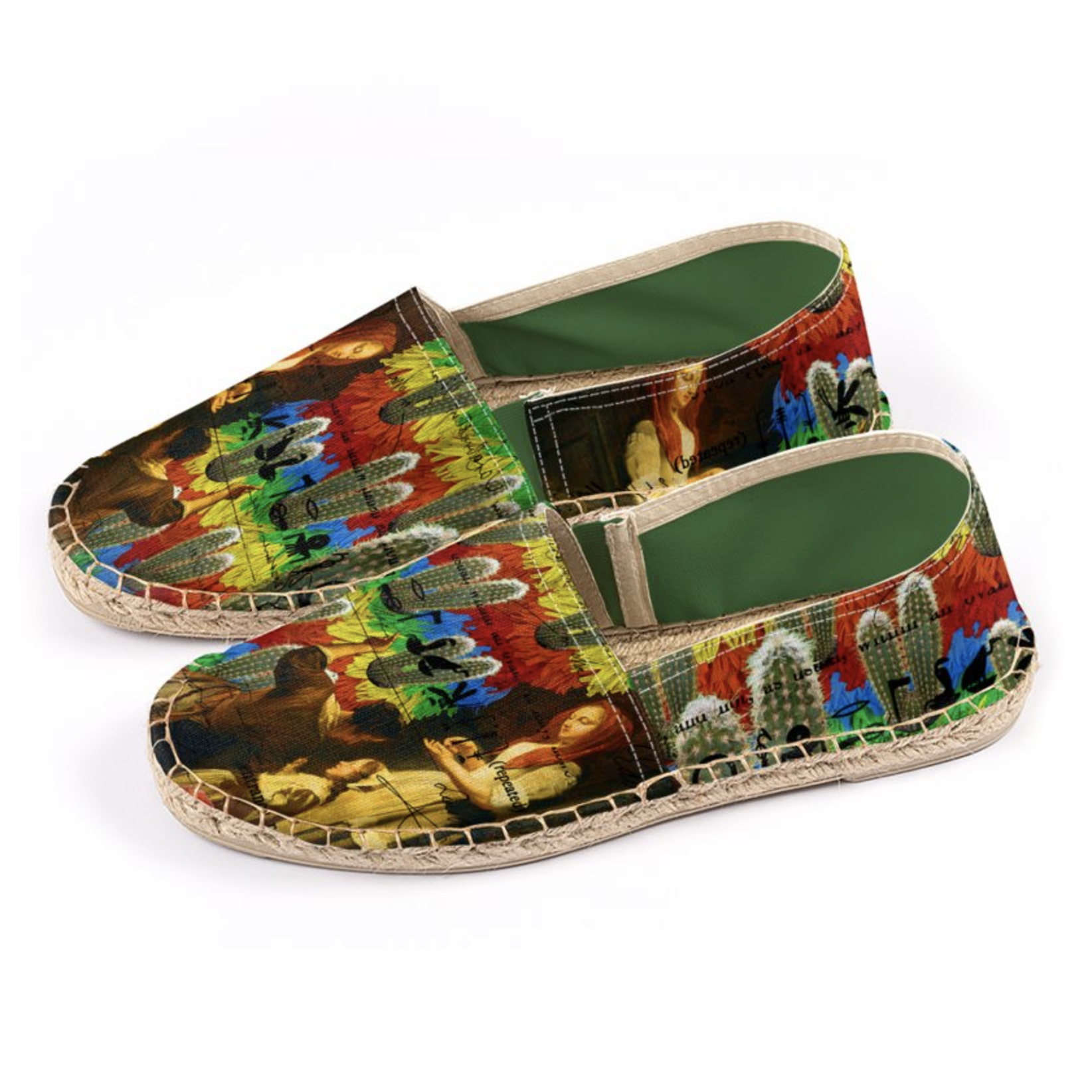 A pair of AND THIS, IS THE RAINBOW BRUSH CACTUS. II Unisex Espadrilles featuring vibrant colors and unique patterns, handmade in London.