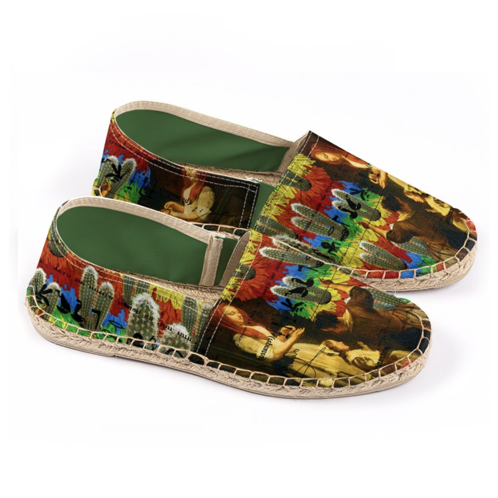 A pair of AND THIS, IS THE RAINBOW BRUSH CACTUS. II Unisex Espadrilles featuring vibrant colors and unique patterns, handmade in London.