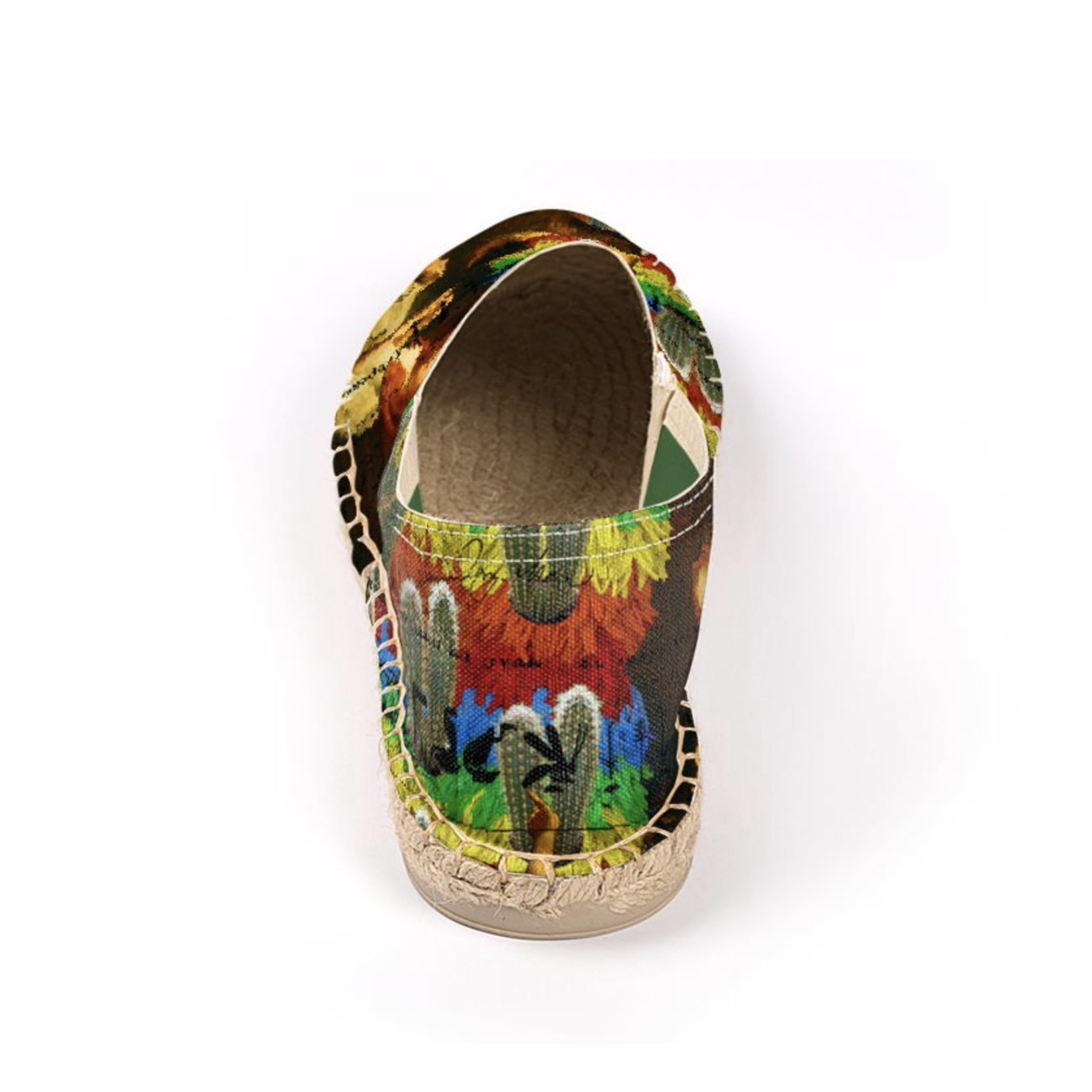 A pair of AND THIS, IS THE RAINBOW BRUSH CACTUS. II Unisex Espadrilles featuring vibrant colors and unique patterns, handmade in London.