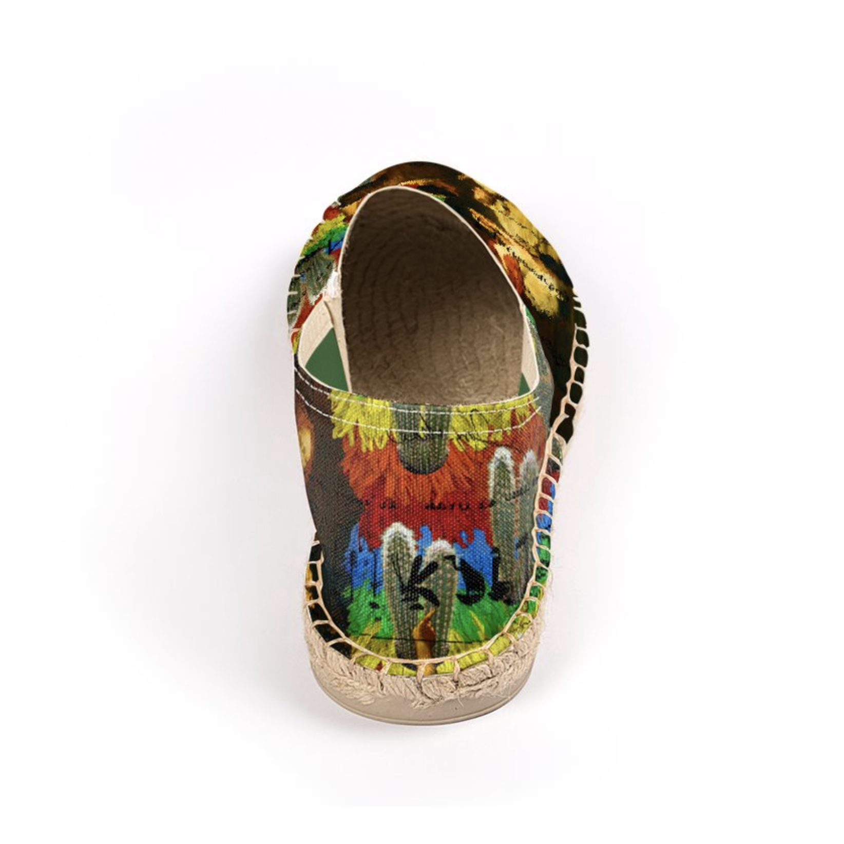 A pair of AND THIS, IS THE RAINBOW BRUSH CACTUS. II Unisex Espadrilles featuring vibrant colors and unique patterns, handmade in London.