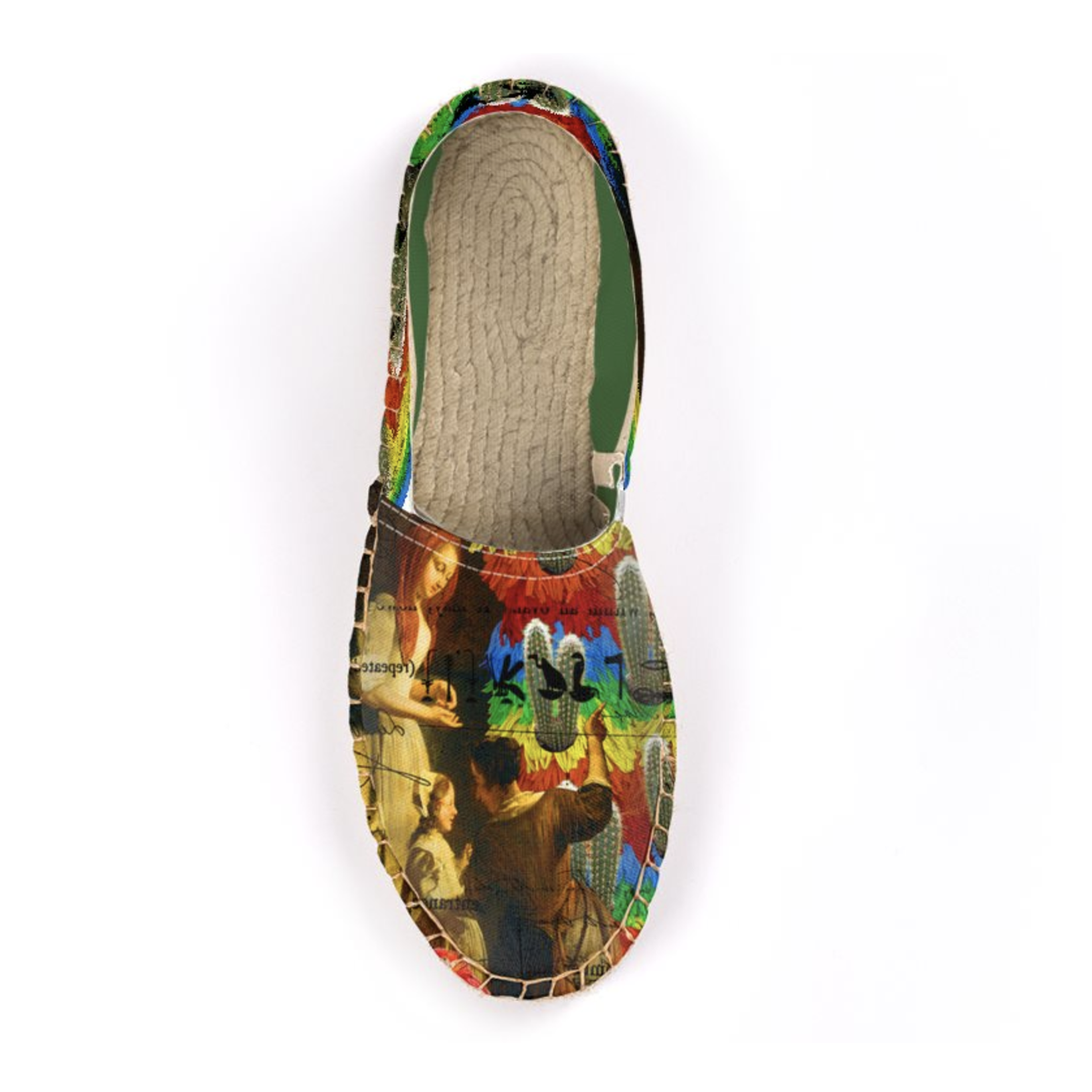 A pair of AND THIS, IS THE RAINBOW BRUSH CACTUS. II Unisex Espadrilles featuring vibrant colors and unique patterns, handmade in London.