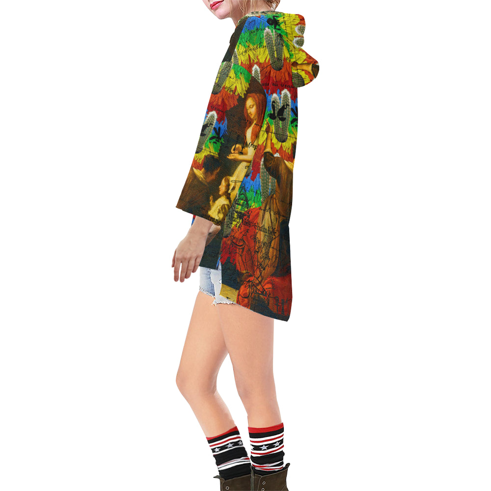 A vibrant unisex tunic hoodie featuring a drawstring hood, v-neckline, and oversized silhouette with colorful collage prints.