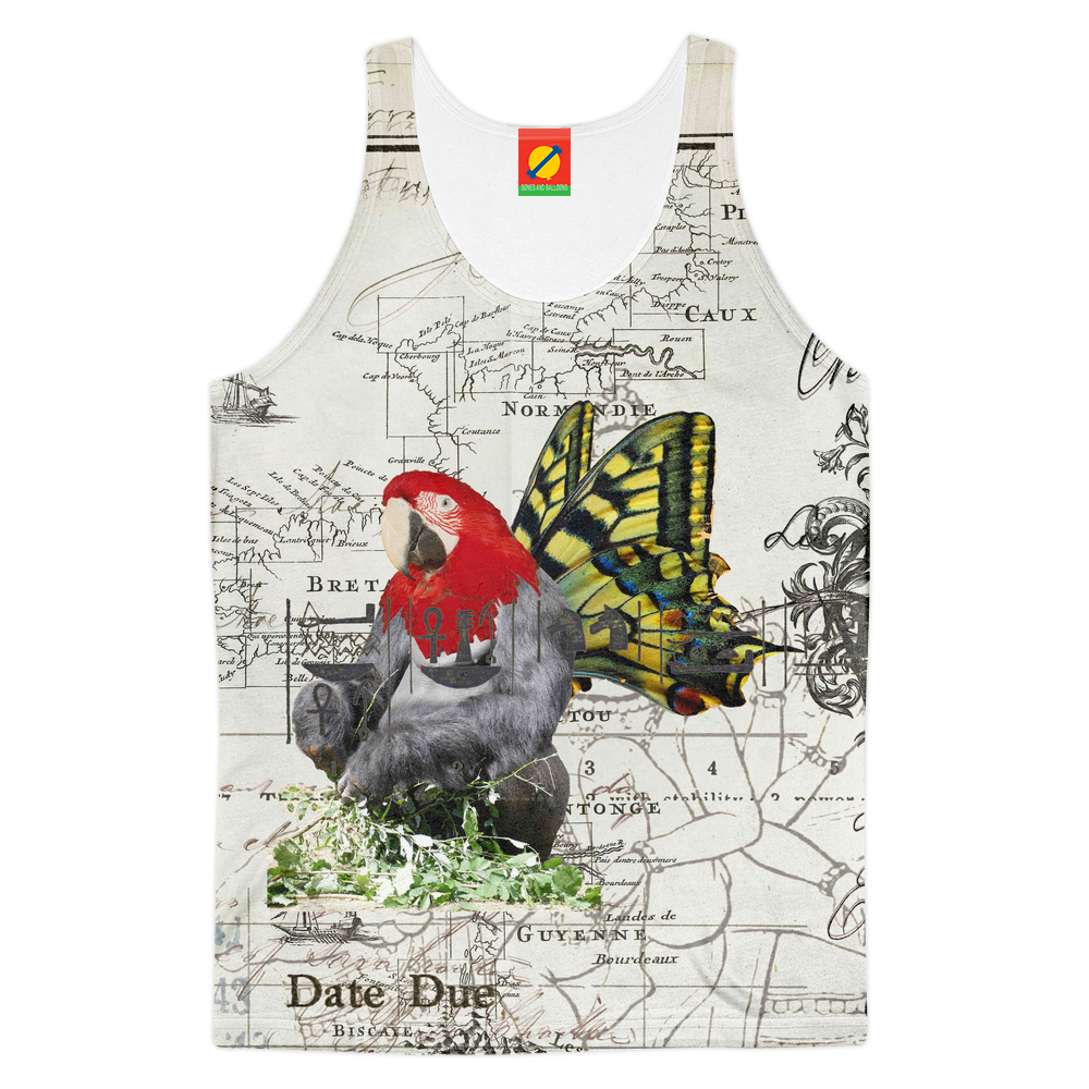 Men's all over print tank top featuring vibrant animal designs, perfect for summer wear.