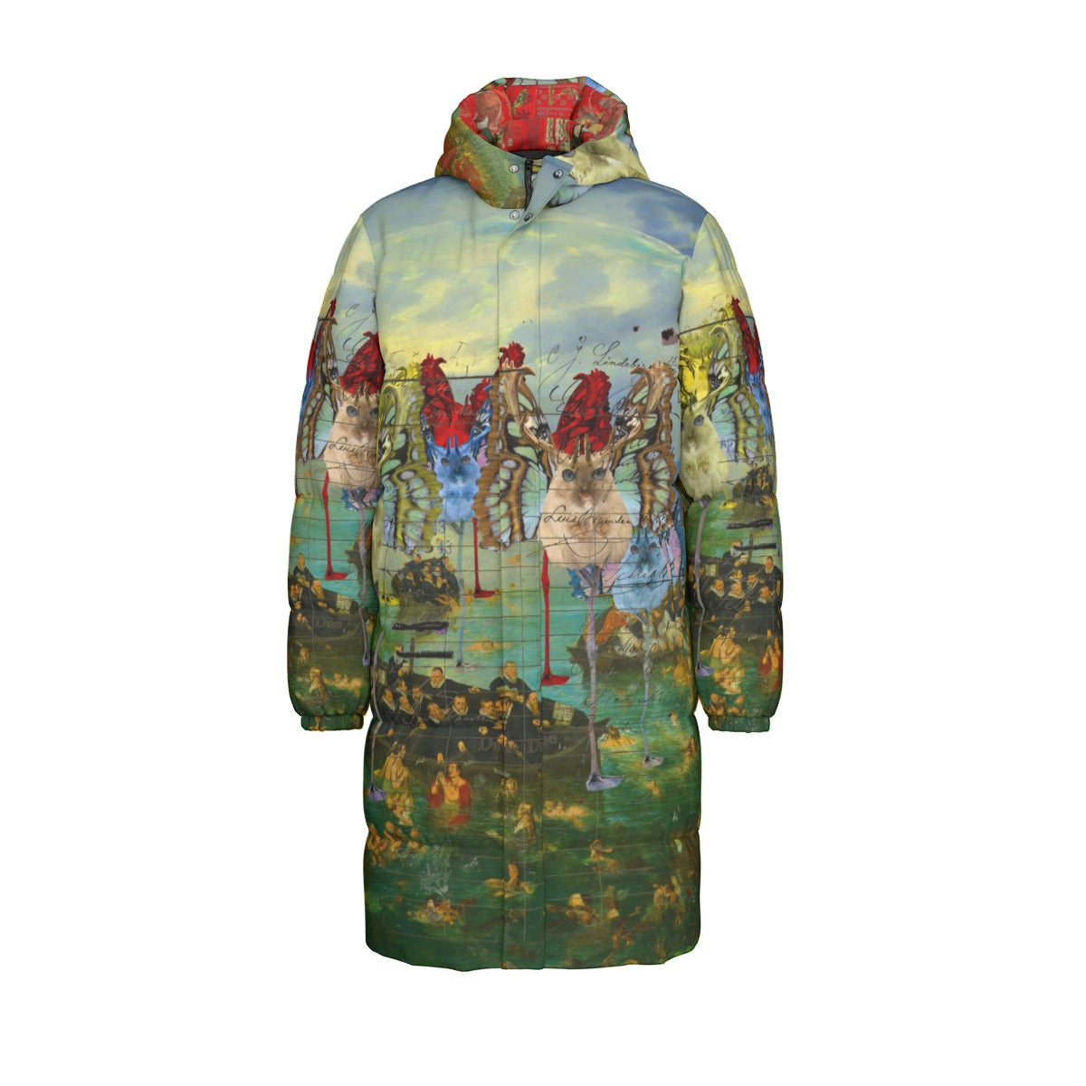 A stylish unisex long puffer jacket featuring a vibrant all-over print of animal mix creatures and lost souls at sea, perfect for winter wear.
