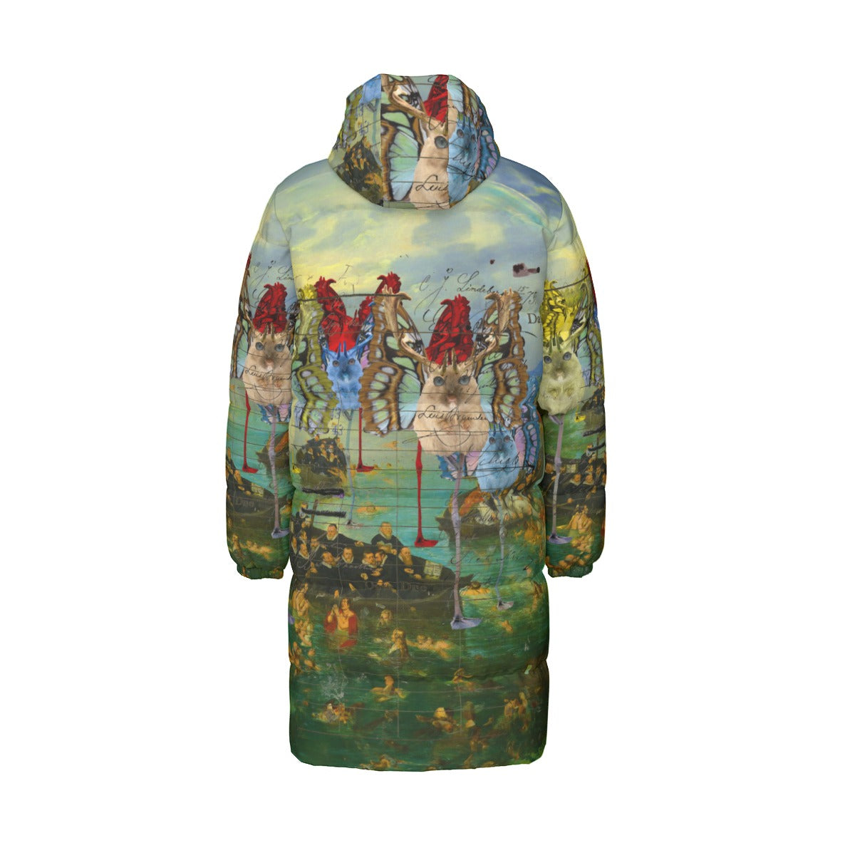 A stylish unisex long puffer jacket featuring a vibrant all-over print of animal mix creatures and lost souls at sea, perfect for winter wear.