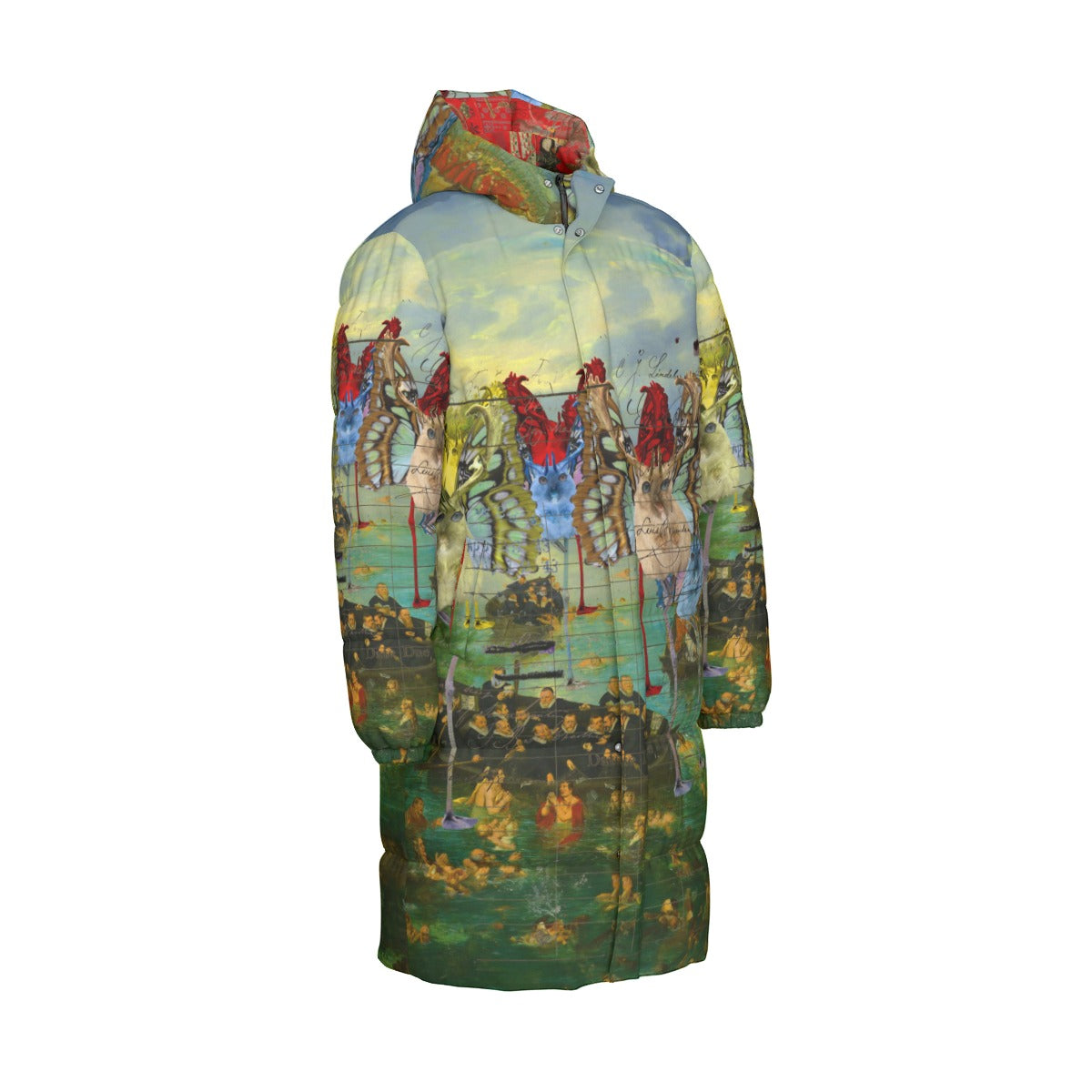 A stylish unisex long puffer jacket featuring a vibrant all-over print of animal mix creatures and lost souls at sea, perfect for winter wear.