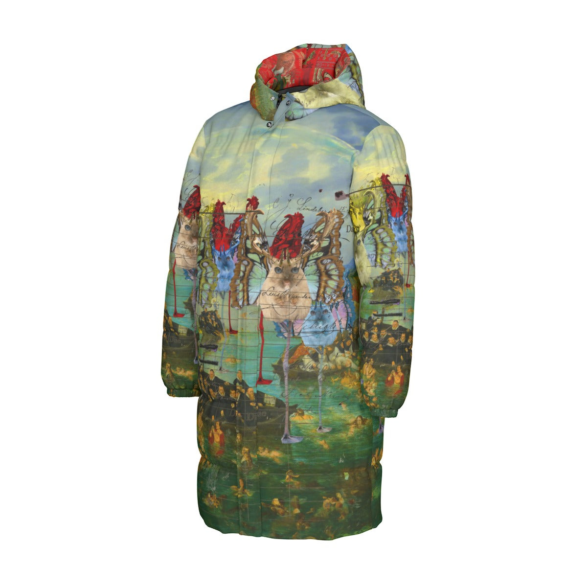 A stylish unisex long puffer jacket featuring a vibrant all-over print of animal mix creatures and lost souls at sea, perfect for winter wear.