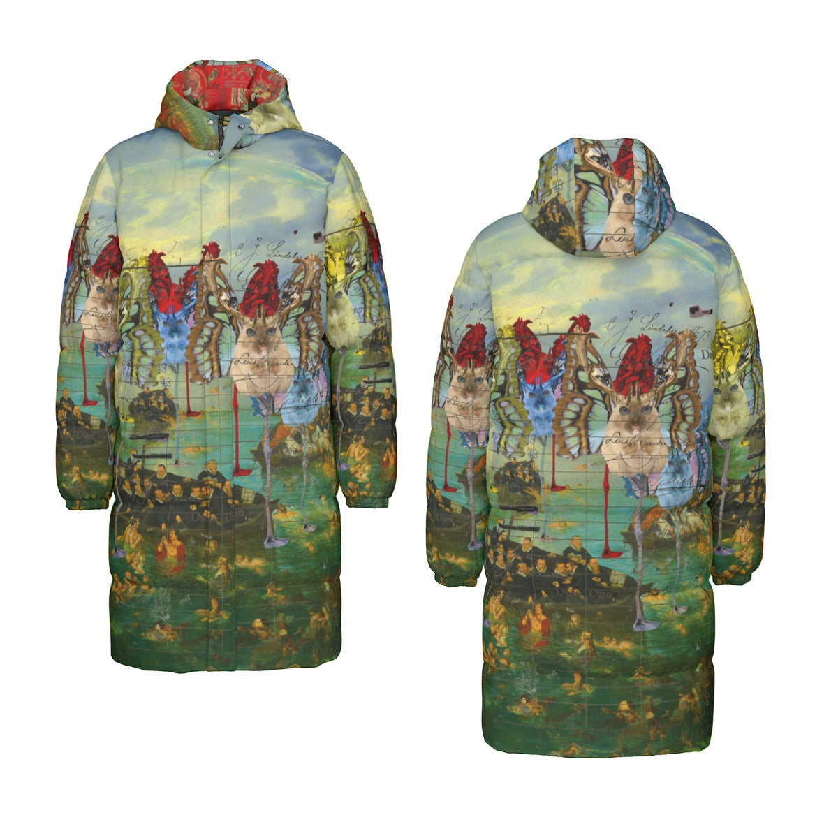 A stylish unisex long puffer jacket featuring a vibrant all-over print of animal mix creatures and lost souls at sea, perfect for winter wear.