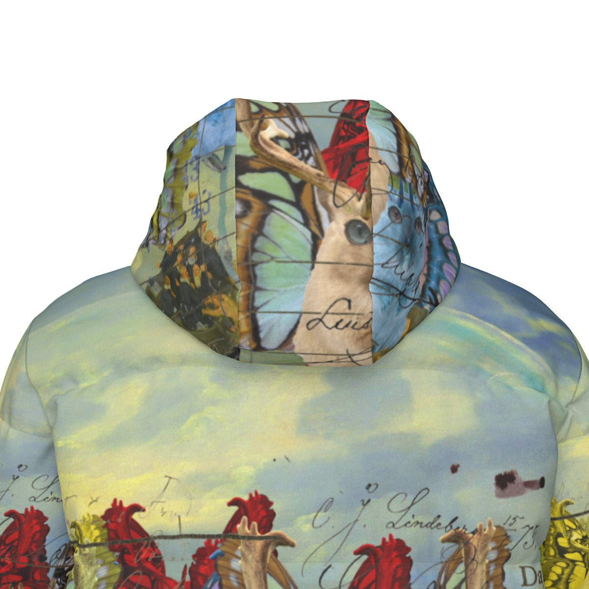 A stylish unisex long puffer jacket featuring a vibrant all-over print of animal mix creatures and lost souls at sea, perfect for winter wear.