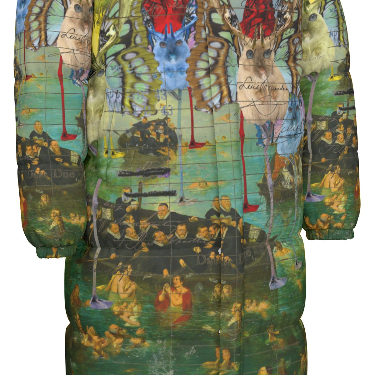 A stylish unisex long puffer jacket featuring a vibrant all-over print of animal mix creatures and lost souls at sea, perfect for winter wear.