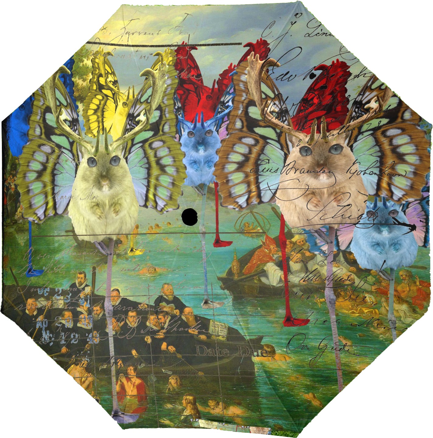 A vibrant umbrella featuring animal mix creatures and lost souls design, showcasing its semi-automatic foldable feature and comfortable foam handle.