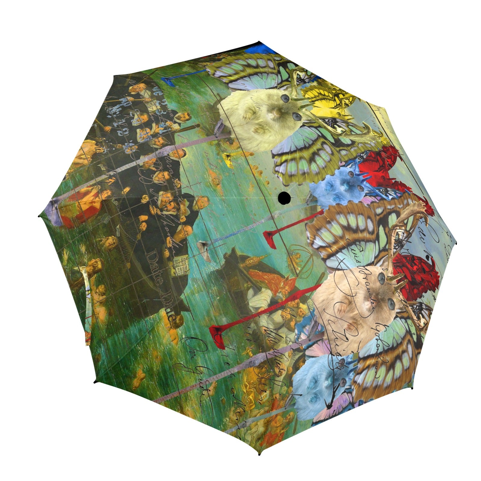 A vibrant umbrella featuring animal mix creatures and lost souls design, showcasing its semi-automatic foldable feature and comfortable foam handle.