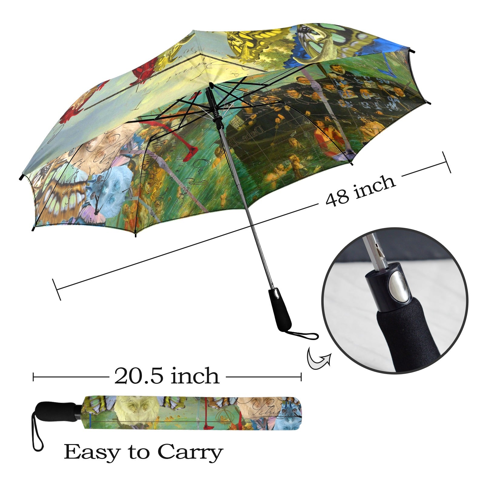 A vibrant umbrella featuring animal mix creatures and lost souls design, showcasing its semi-automatic foldable feature and comfortable foam handle.