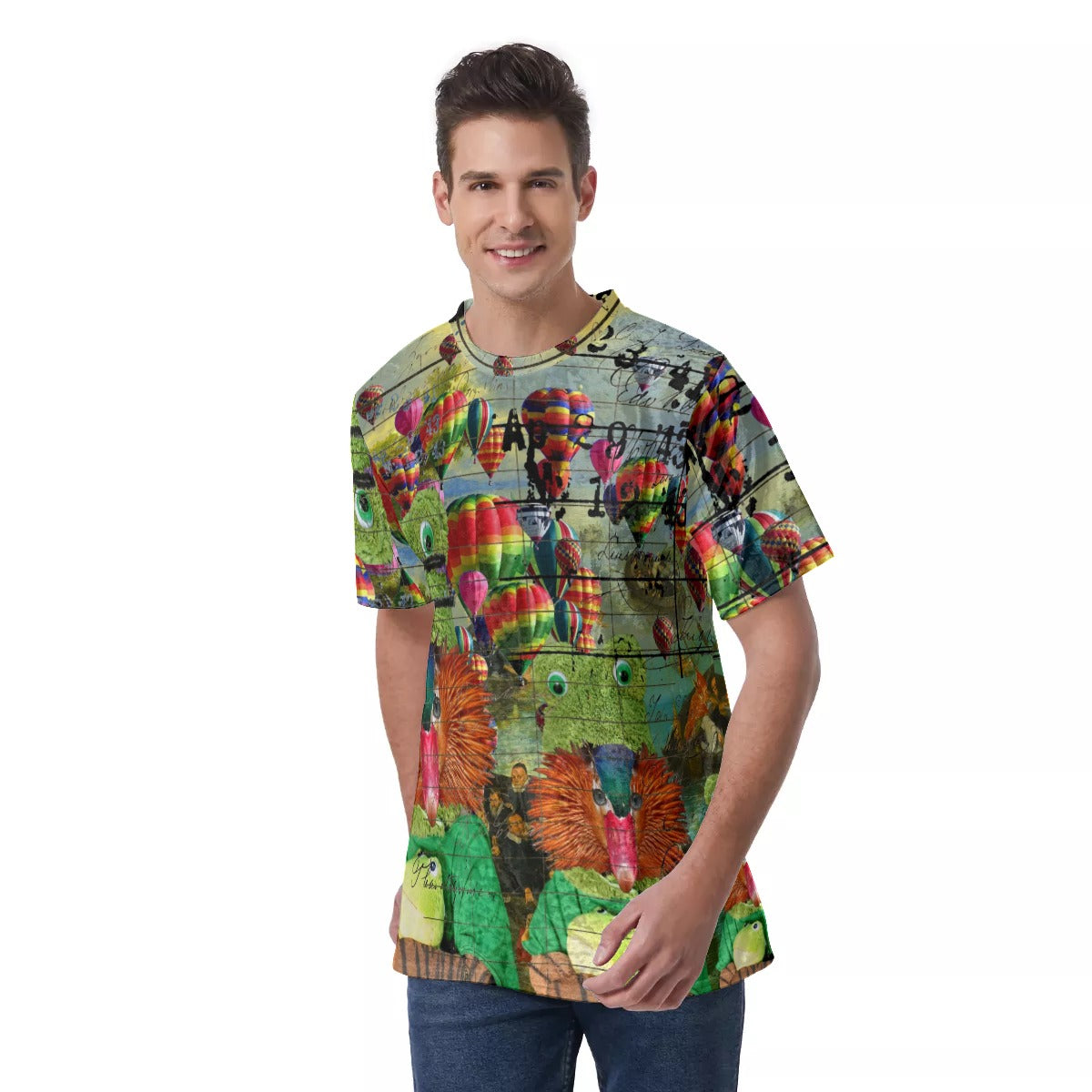 Men's velvet t-shirt featuring a vibrant hot air balloon design with a Cubist art style, showcasing unique prints on the front, back, and sleeves.