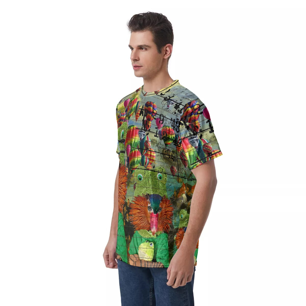 Men's velvet t-shirt featuring a vibrant hot air balloon design with a Cubist art style, showcasing unique prints on the front, back, and sleeves.