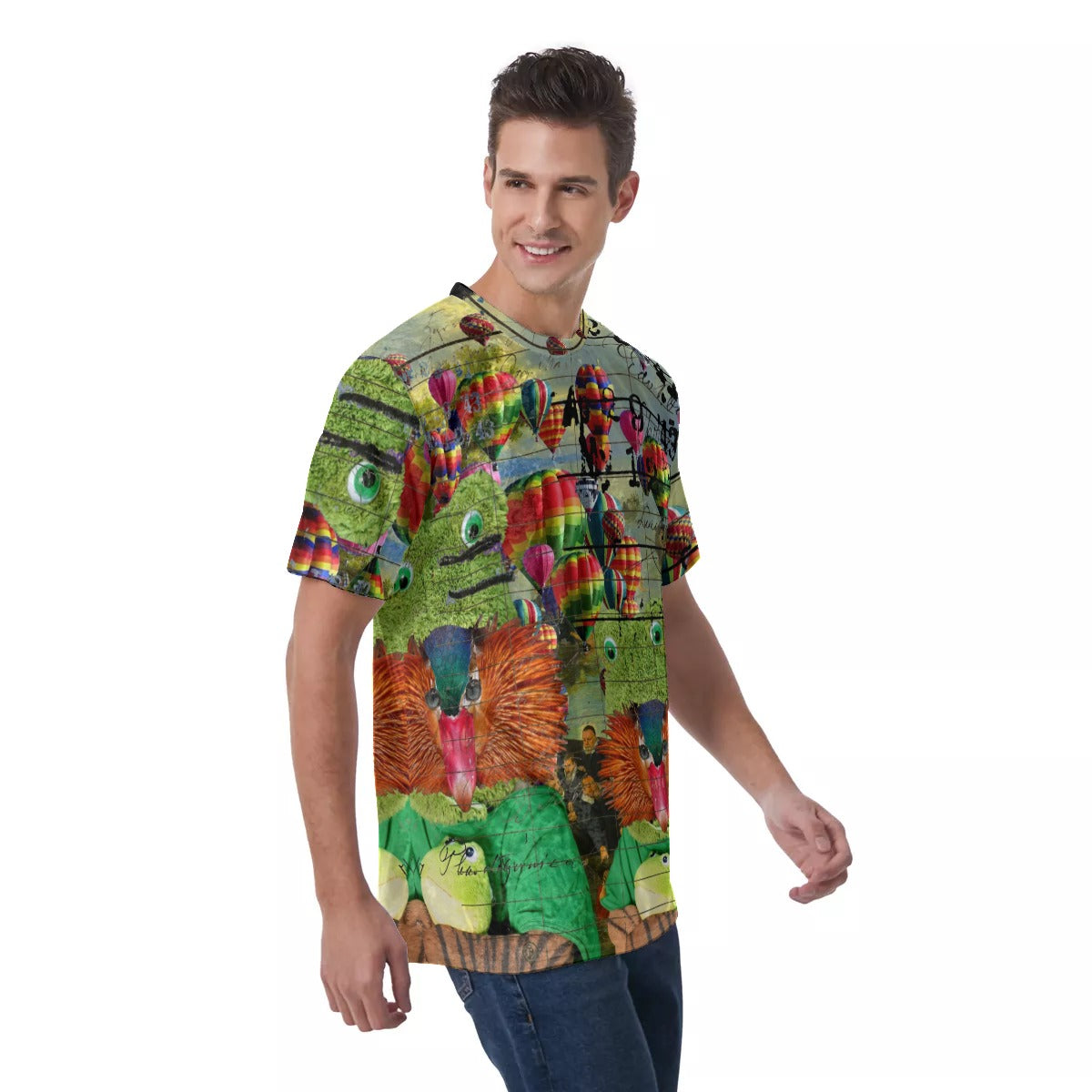 Men's velvet t-shirt featuring a vibrant hot air balloon design with a Cubist art style, showcasing unique prints on the front, back, and sleeves.