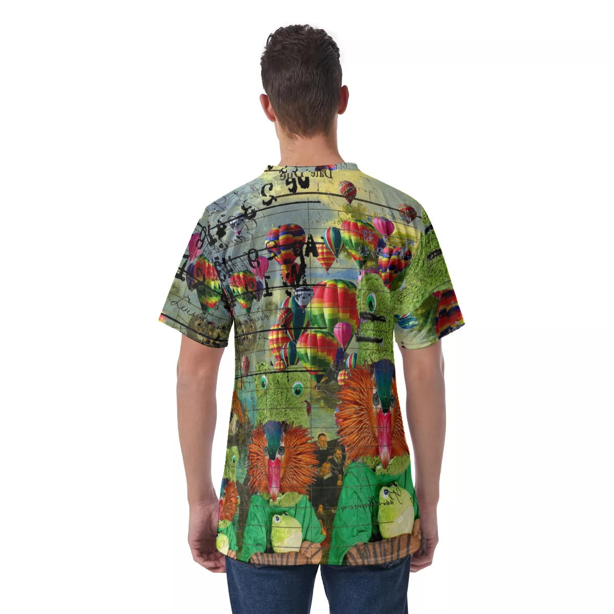 Men's velvet t-shirt featuring a vibrant hot air balloon design with a Cubist art style, showcasing unique prints on the front, back, and sleeves.