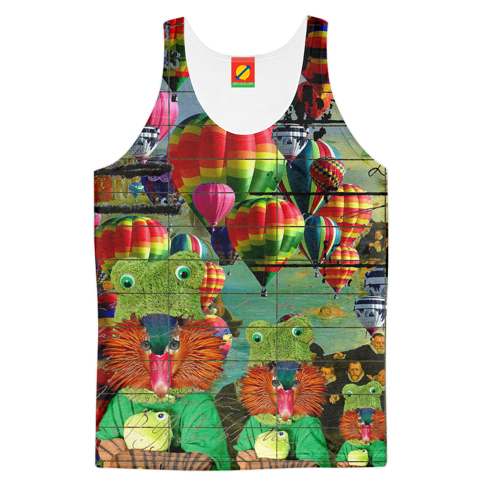 Women's tank top featuring a vibrant all-over print of hot air balloons and lost souls, made from soft polyester imitation cotton.