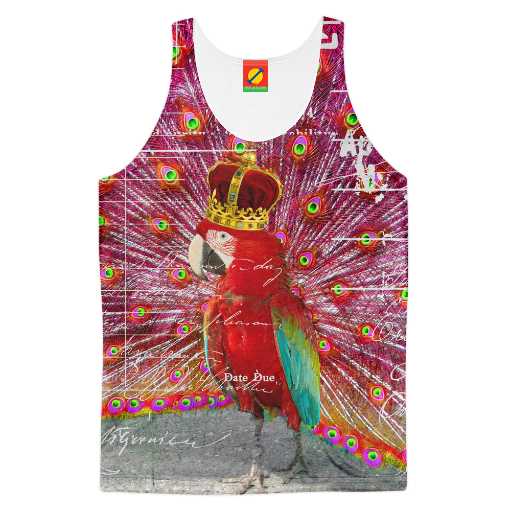 Men's tank top featuring an all-over animal print design in vibrant colors, made from soft polyester imitation cotton.