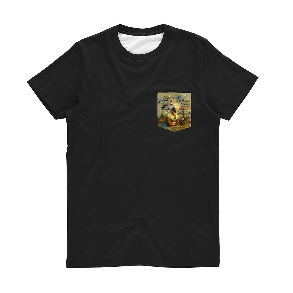 AT THE HARBOUR Classic Sublimation Pocket Tee featuring vibrant pocket design on a classic cotton t-shirt with a plain black back.