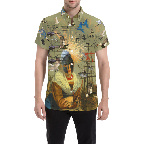Men's short sleeve button down shirt with vibrant all over print design, perfect for summer casual wear.