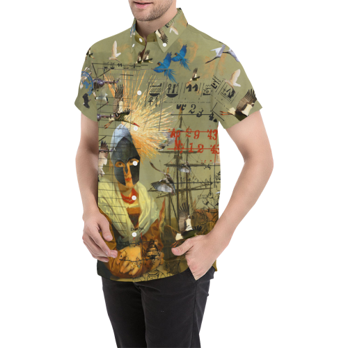 Men's short sleeve button down shirt with vibrant all over print design, perfect for summer casual wear.