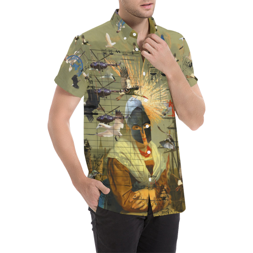 Men's short sleeve button down shirt with vibrant all over print design, perfect for summer casual wear.