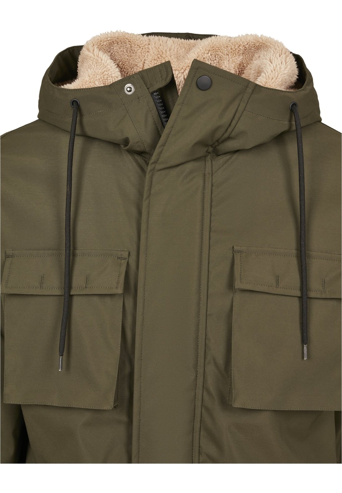 Authentic Hooded Field Jacket in Dark Olive featuring a Sherpa collar and multiple pockets, perfect for autumn and winter wear.
